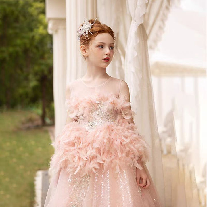 DreamyVow Luxury Shiny Pink Flower Girl Dresses Feather Sequined Gowns J008