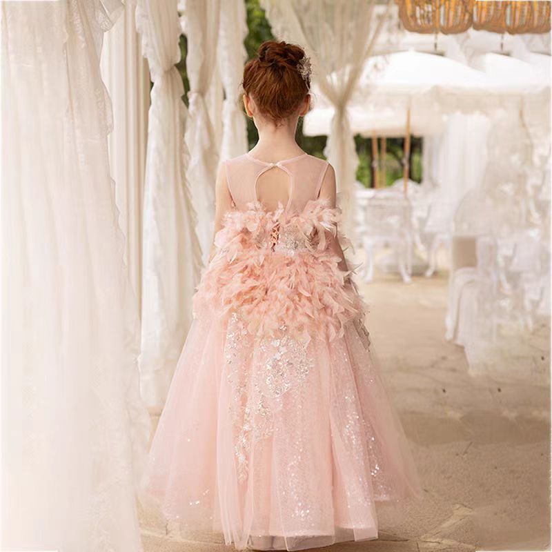 DreamyVow Luxury Shiny Pink Flower Girl Dresses Feather Sequined Gowns J008