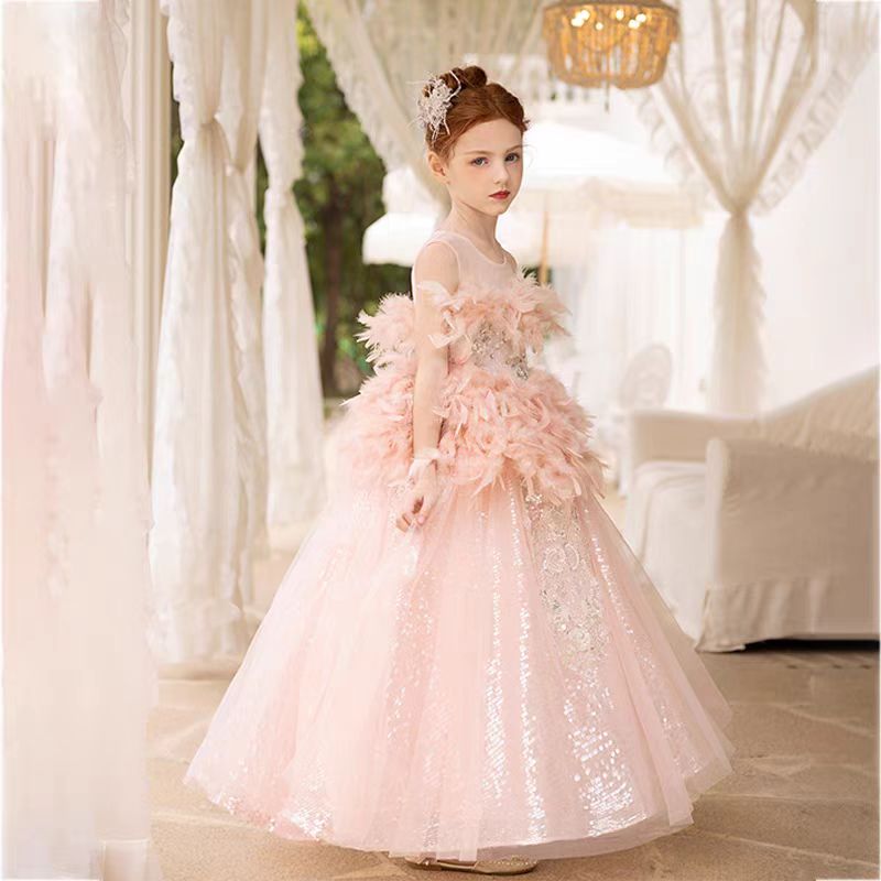 DreamyVow Luxury Shiny Pink Flower Girl Dresses Feather Sequined Gowns J008