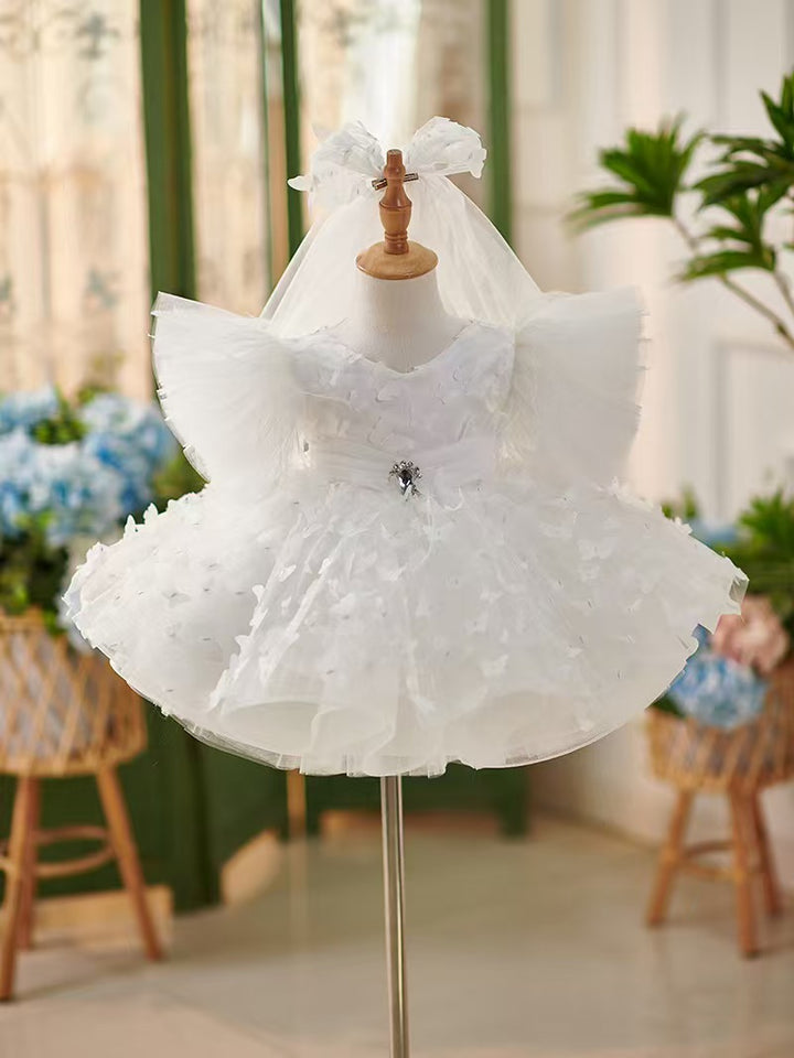 DreamyVow Elegant Blue Puffy Sleeve Flower Girl Dress Knee Length J058