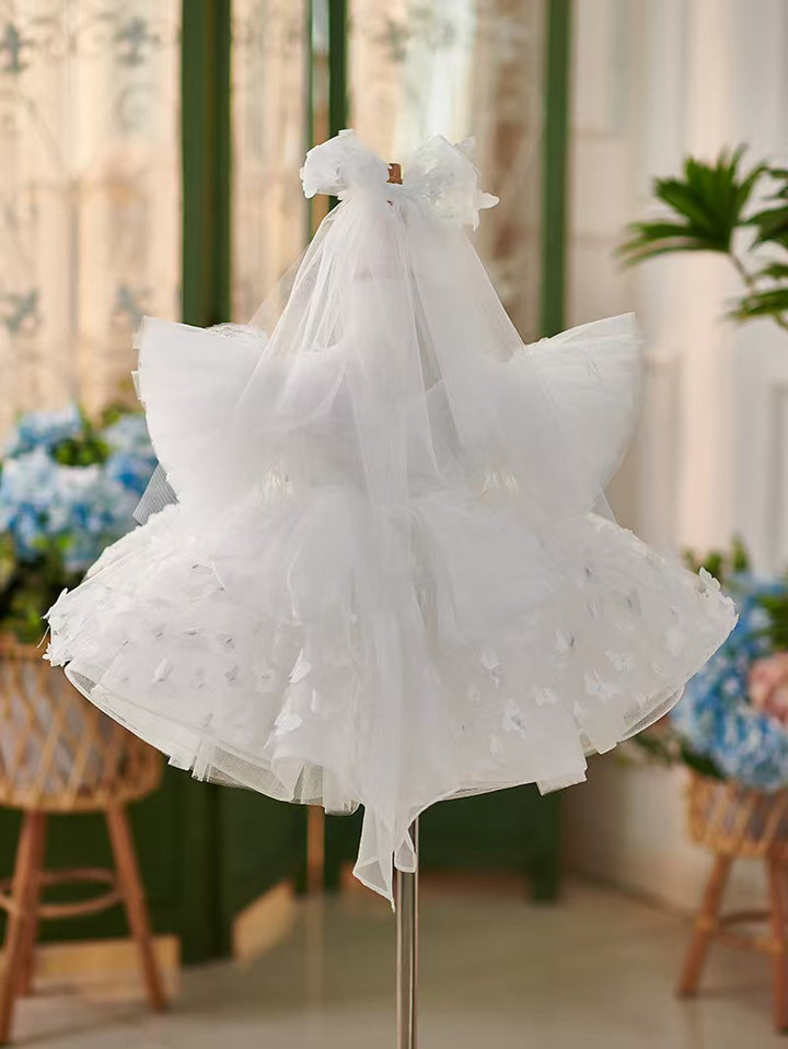 DreamyVow Elegant Blue Puffy Sleeve Flower Girl Dress Knee Length J058