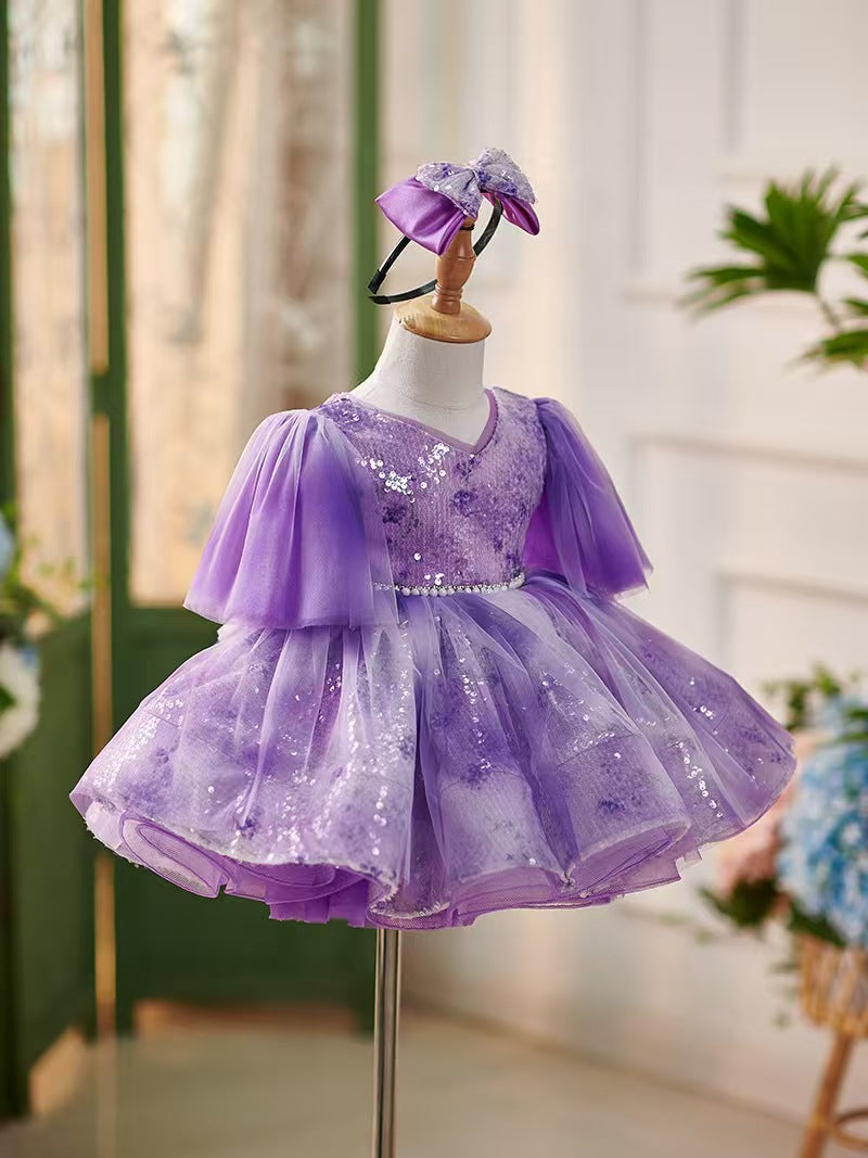 DreamyVow Lilac Knee Length 1st Birthday Girl Dress Puffy Sleeve J307