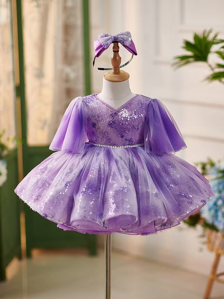 DreamyVow Lilac Knee Length 1st Birthday Girl Dress Puffy Sleeve J307