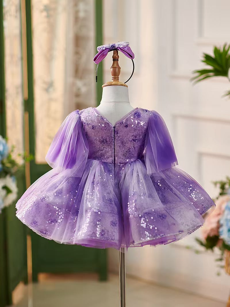 DreamyVow Lilac Knee Length 1st Birthday Girl Dress Puffy Sleeve J307