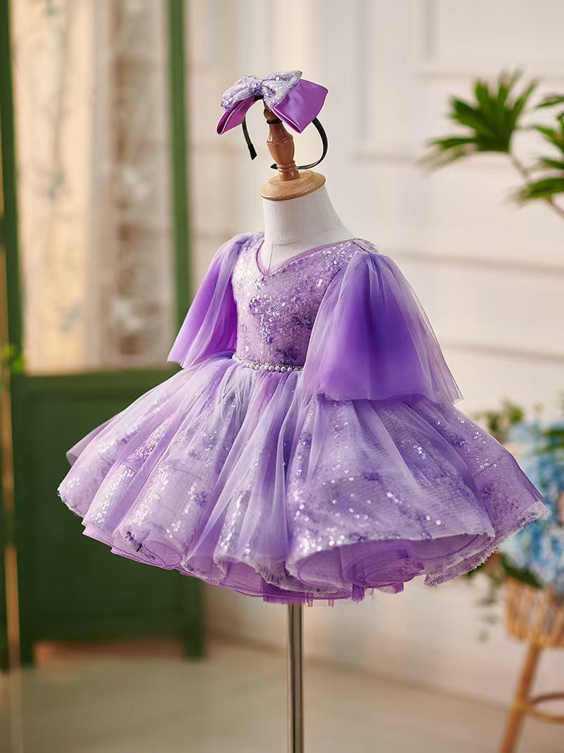 DreamyVow Lilac Knee Length 1st Birthday Girl Dress Puffy Sleeve J307