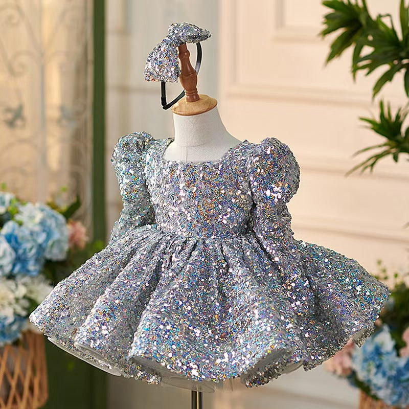 DreamyVow Sparkling Silver Knee Length Girl Dress with Long Sleeve J309