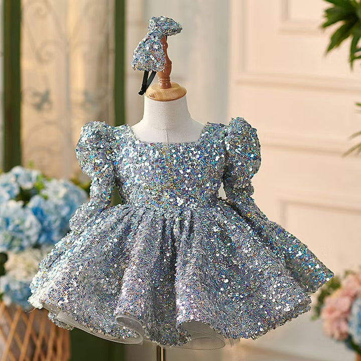 DreamyVow Sparkling Silver Knee Length Girl Dress with Long Sleeve J309