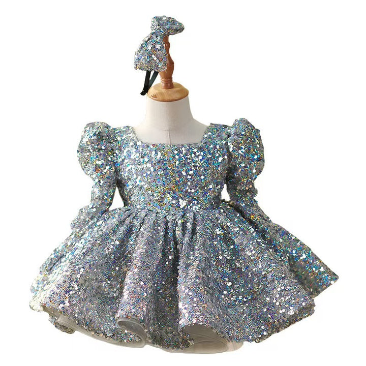 DreamyVow Sparkling Silver Knee Length Girl Dress with Long Sleeve J309