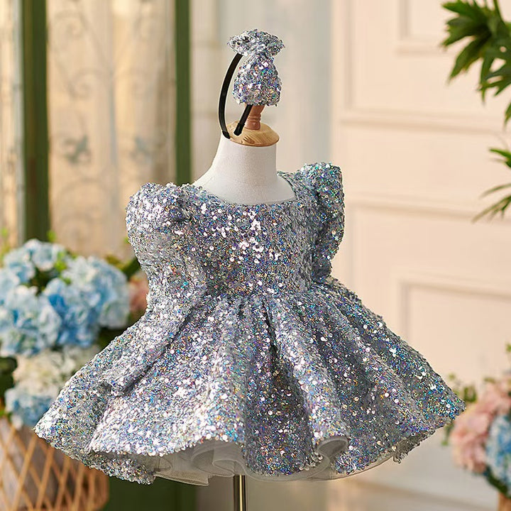 DreamyVow Sparkling Silver Knee Length Girl Dress with Long Sleeve J309