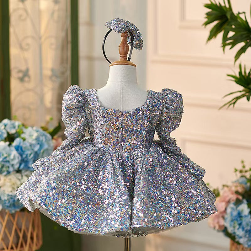 DreamyVow Sparkling Silver Knee Length Girl Dress with Long Sleeve J309