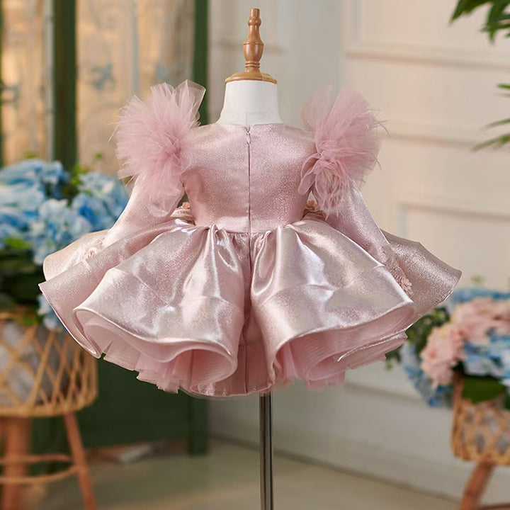 DreamyVow Pink Satin Knee Length Long Sleeve 1st Birhhday Girl Dress J311