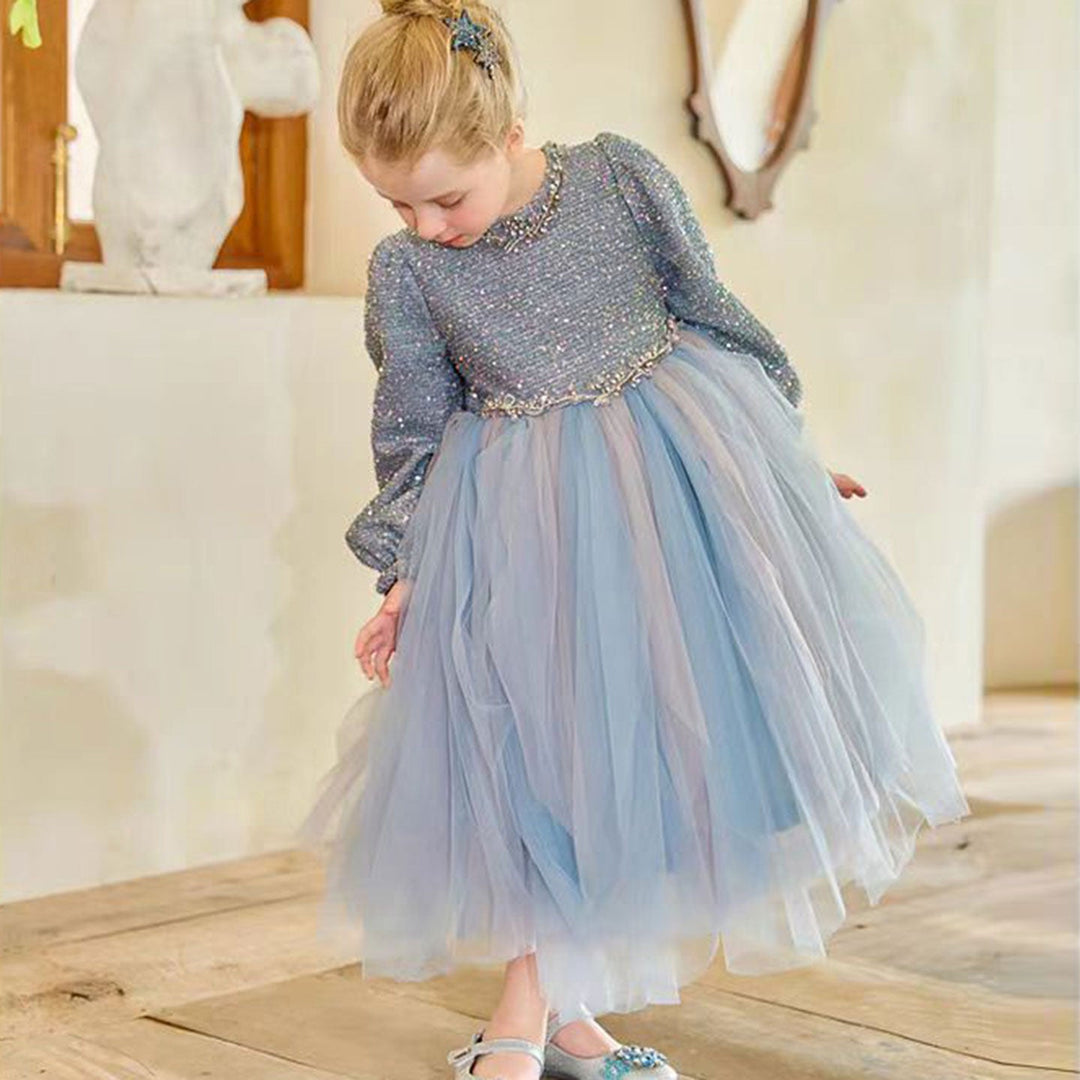 DreamyVow Sparkling Blue Children Long Sleeve Party Girl Dress J326