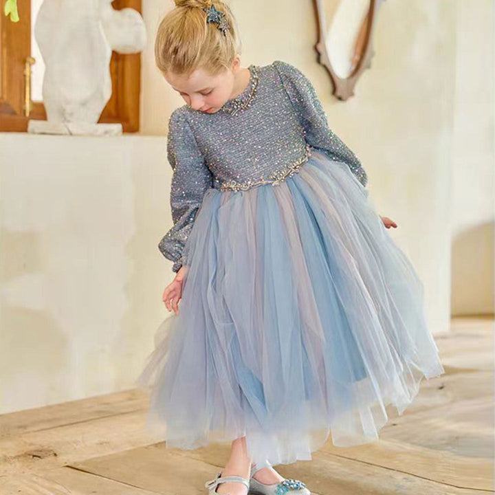 DreamyVow Sparkling Blue Children Long Sleeve Party Girl Dress J326