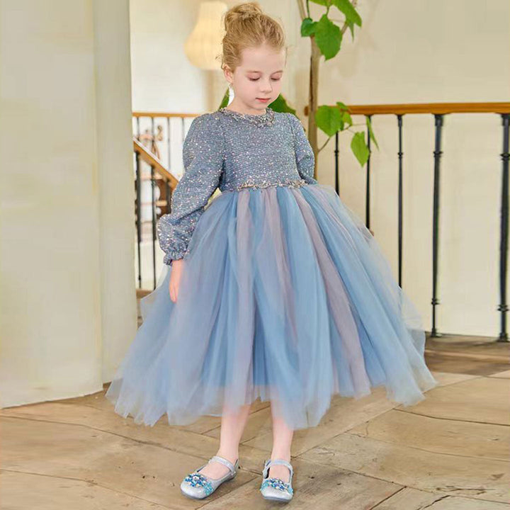 DreamyVow Sparkling Blue Children Long Sleeve Party Girl Dress J326