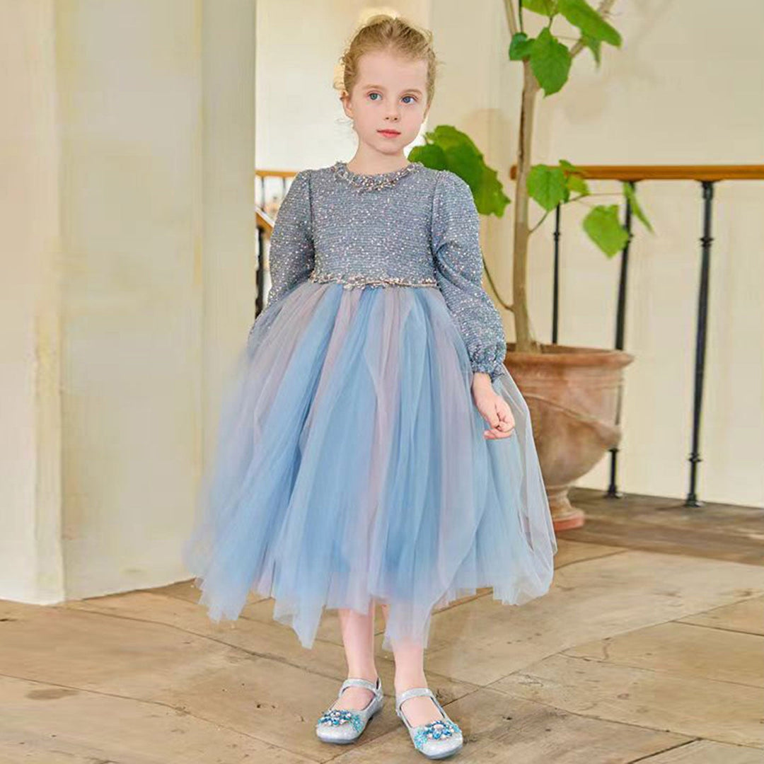 DreamyVow Sparkling Blue Children Long Sleeve Party Girl Dress J326