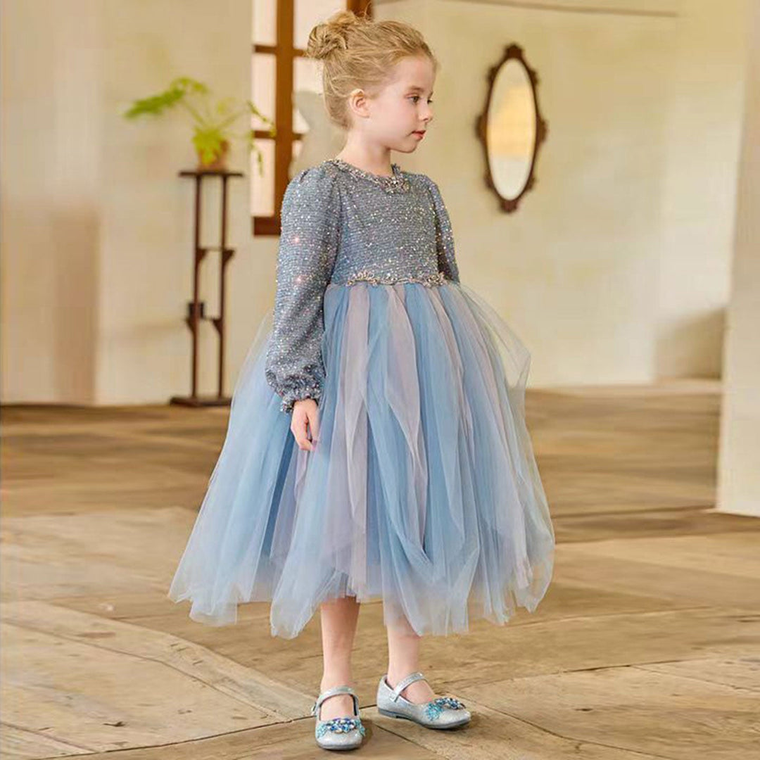 DreamyVow Sparkling Blue Children Long Sleeve Party Girl Dress J326