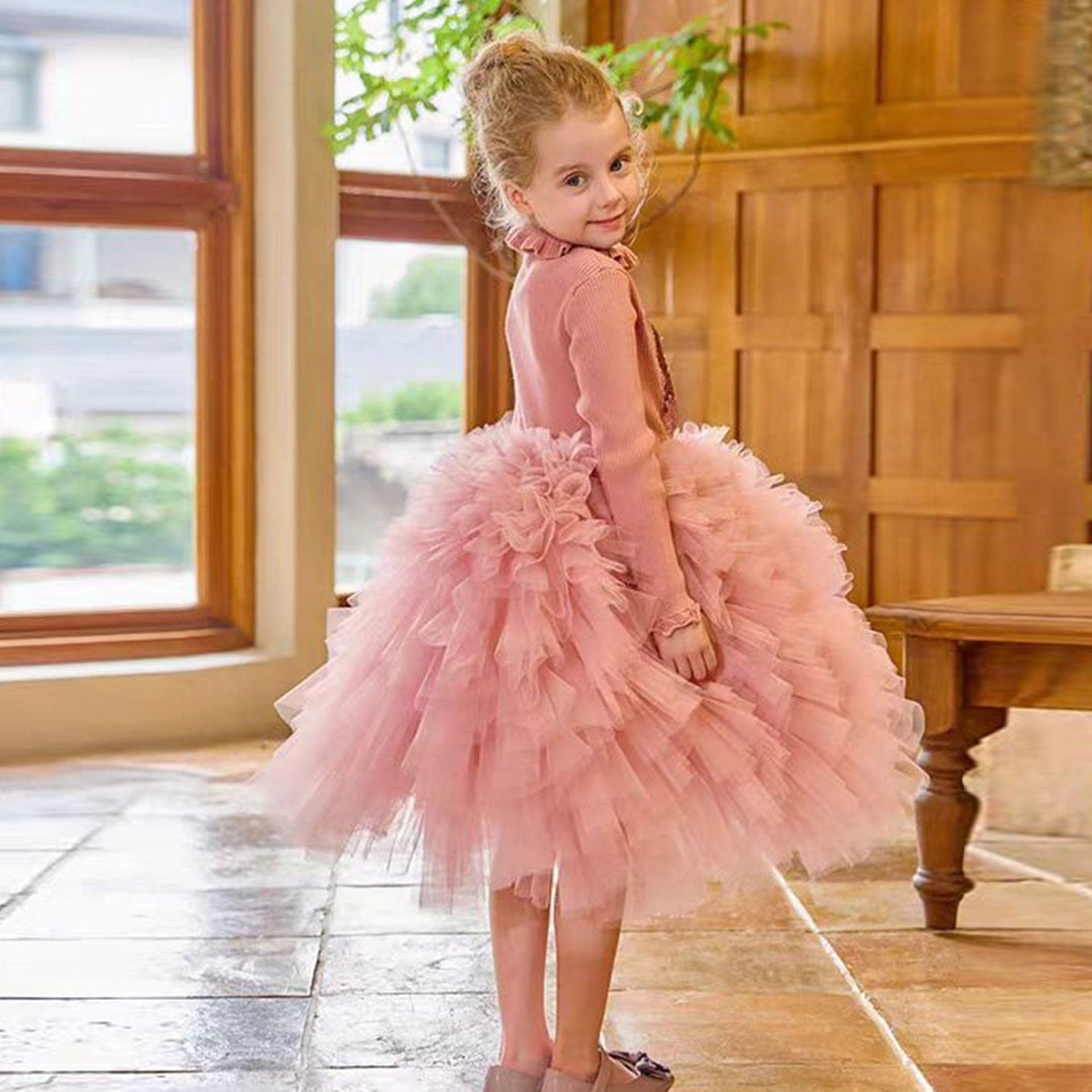 DreamyVow Pink High Neck Long Sleeve Birthday Girl Dress J329