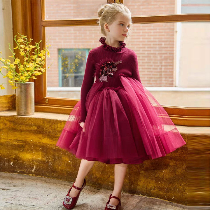 DreamyVow Burgundy High Neck Long Sleeve Birthday Girl Dress J328