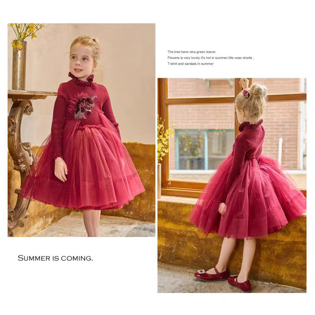 DreamyVow Burgundy High Neck Long Sleeve Birthday Girl Dress J328