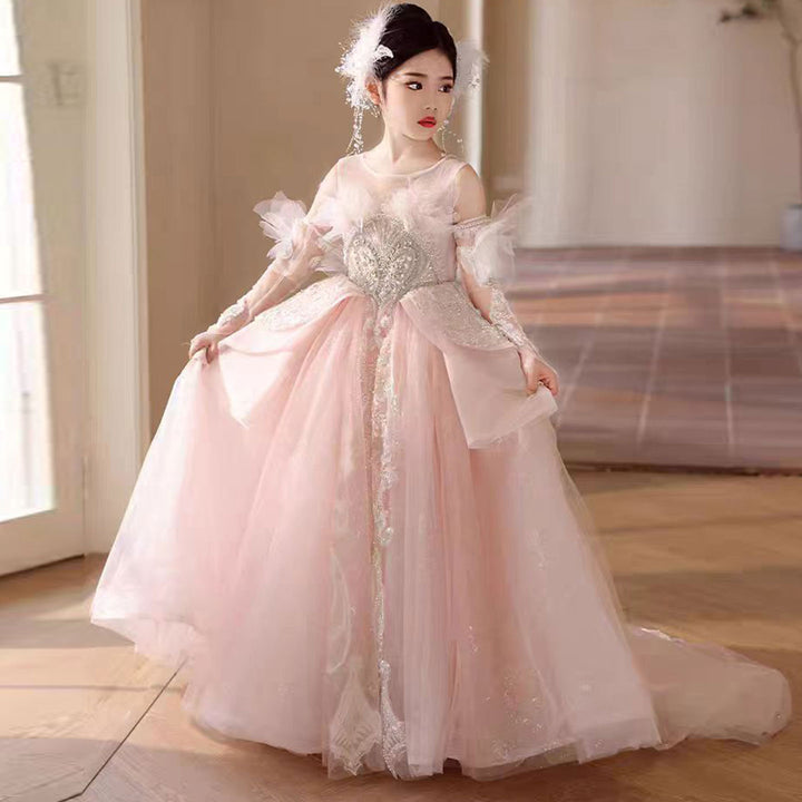 DreamyVow Luxury Pink Crystal Wedding Party Girl Dress with Sleeve J316