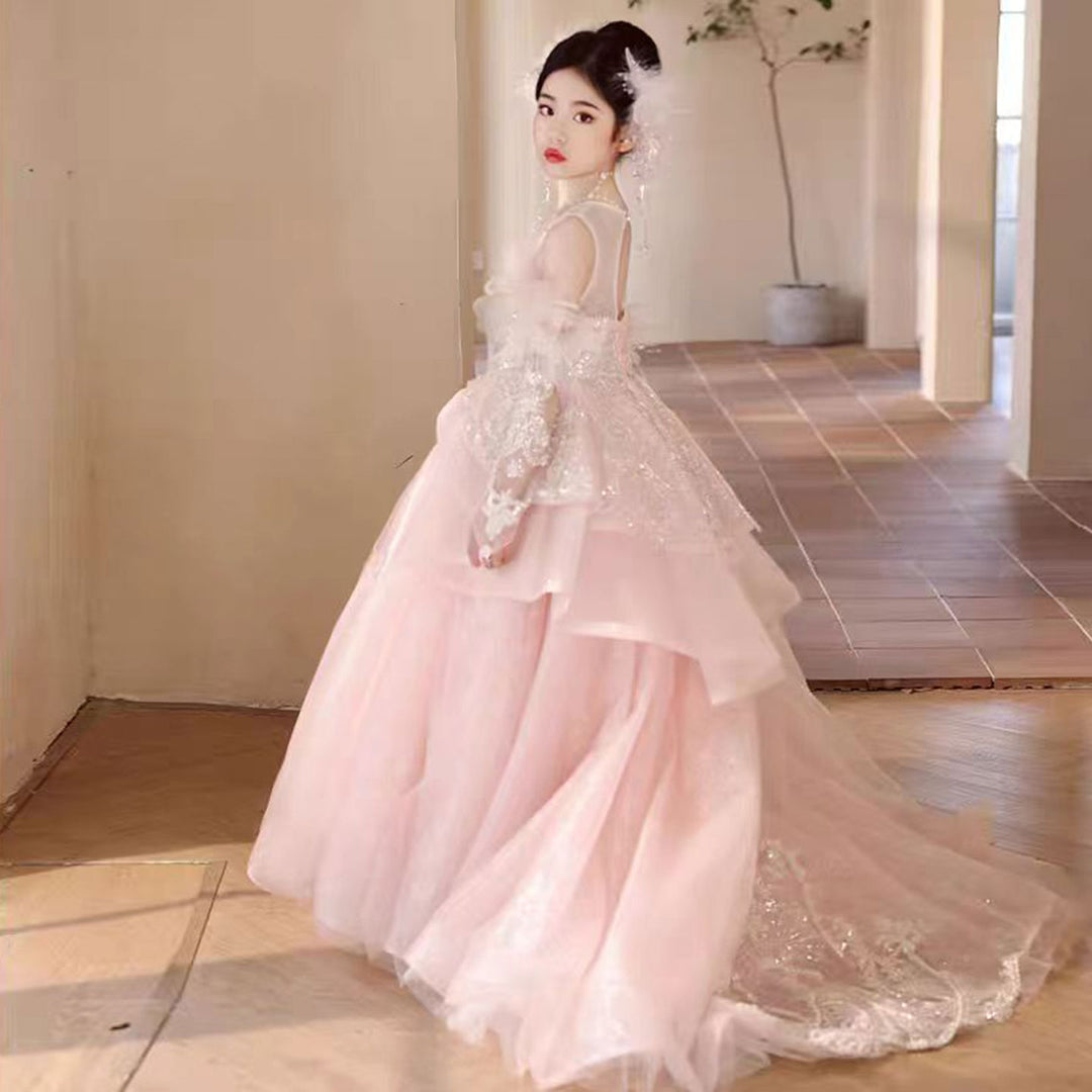 DreamyVow Luxury Pink Crystal Wedding Party Girl Dress with Sleeve J316