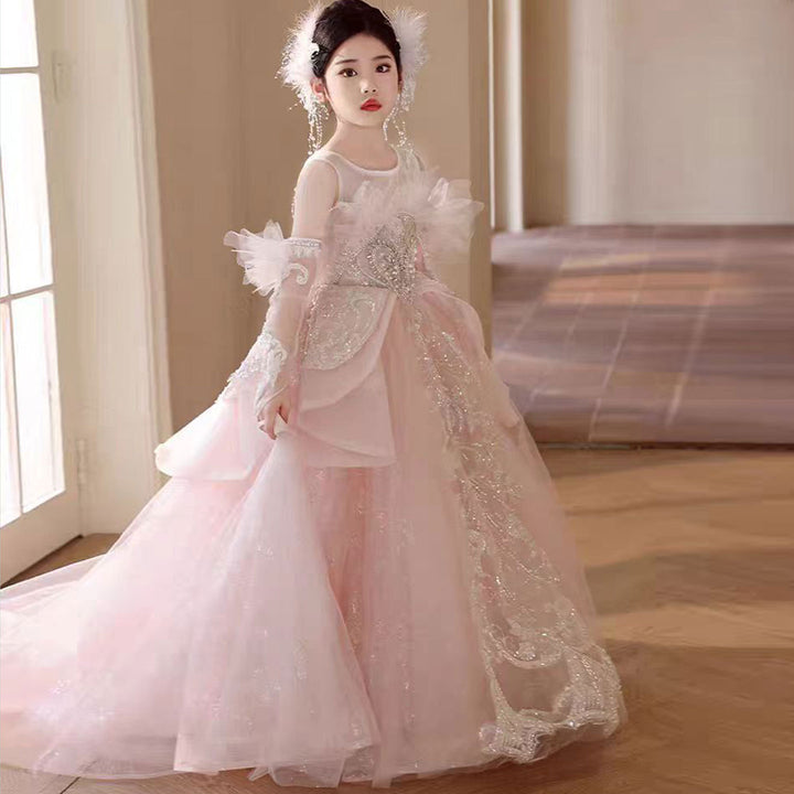 DreamyVow Luxury Pink Crystal Wedding Party Girl Dress with Sleeve J316