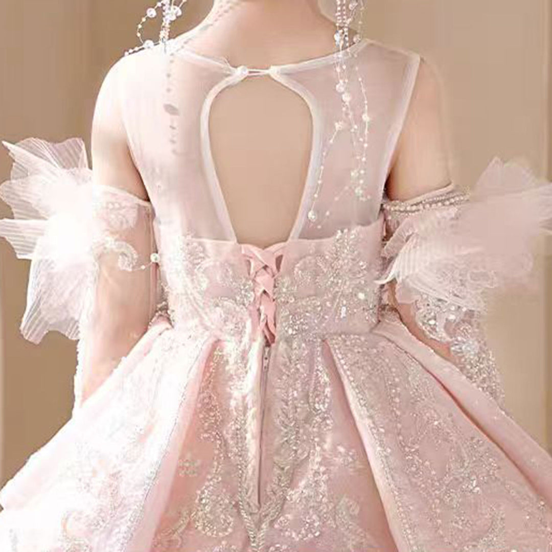 DreamyVow Luxury Pink Crystal Wedding Party Girl Dress with Sleeve J316