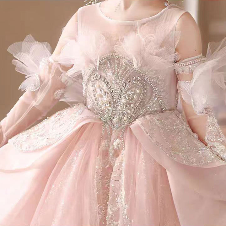 DreamyVow Luxury Pink Crystal Wedding Party Girl Dress with Sleeve J316