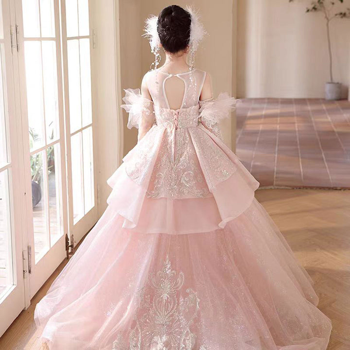 DreamyVow Luxury Pink Crystal Wedding Party Girl Dress with Sleeve J316