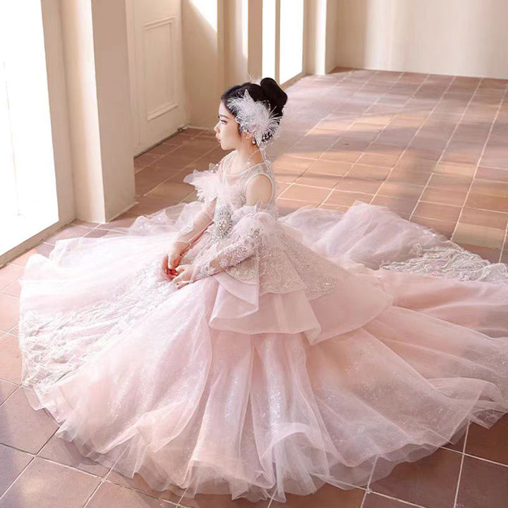 DreamyVow Luxury Pink Crystal Wedding Party Girl Dress with Sleeve J316