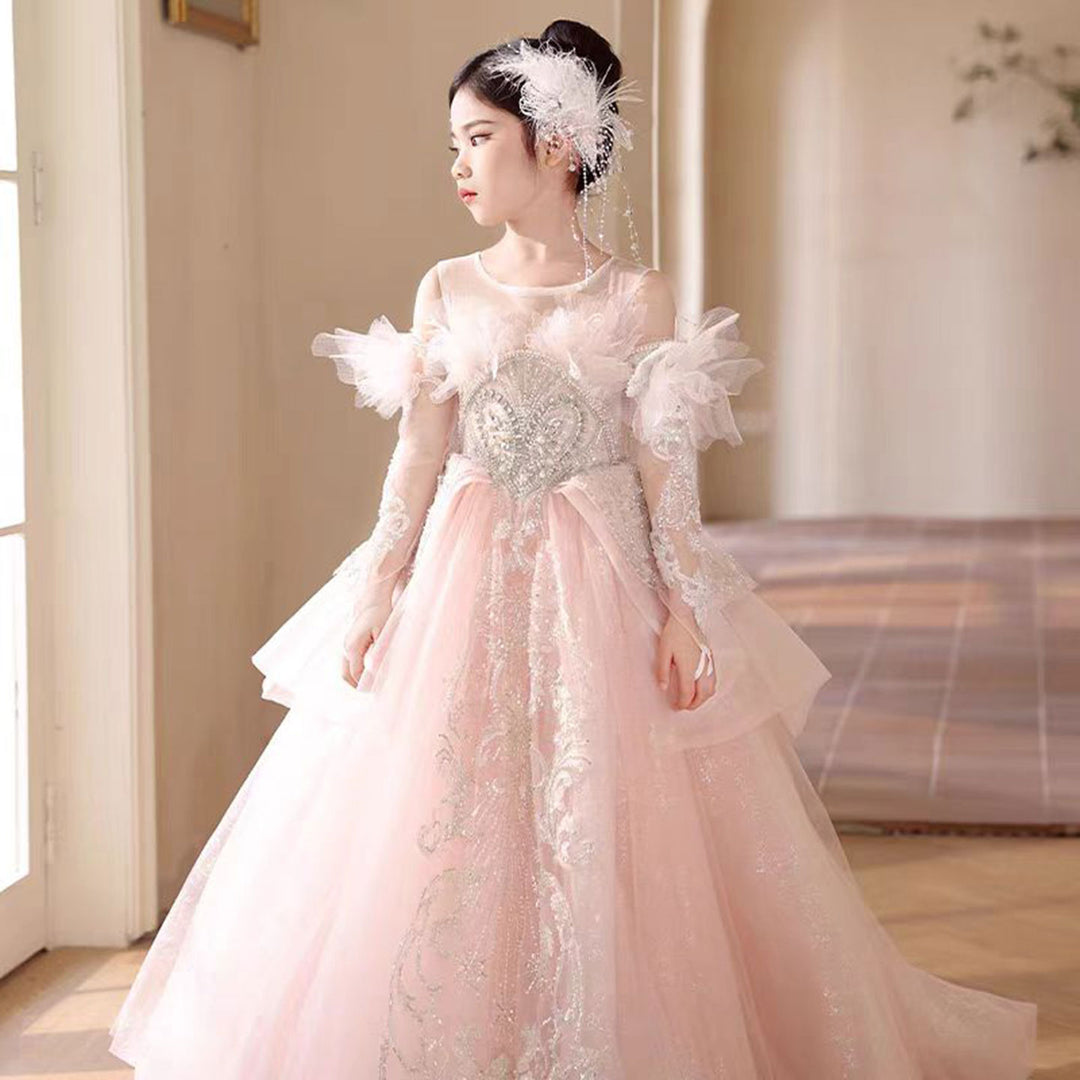 DreamyVow Luxury Pink Crystal Wedding Party Girl Dress with Sleeve J316