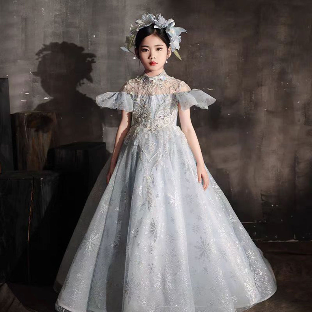 DreamyVow Luxury Blue Beaded Birthday Girl Dress Puffy Sleeve J319