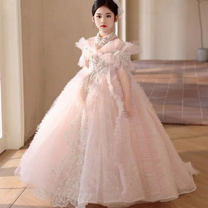 DreamyVow Luxury Pink Crystal Off Shoulder Court Train Girl Dress J334