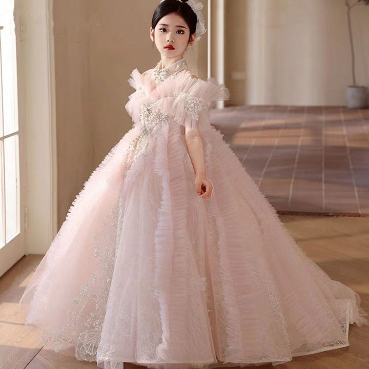 DreamyVow Luxury Pink Crystal Off Shoulder Court Train Girl Dress J334