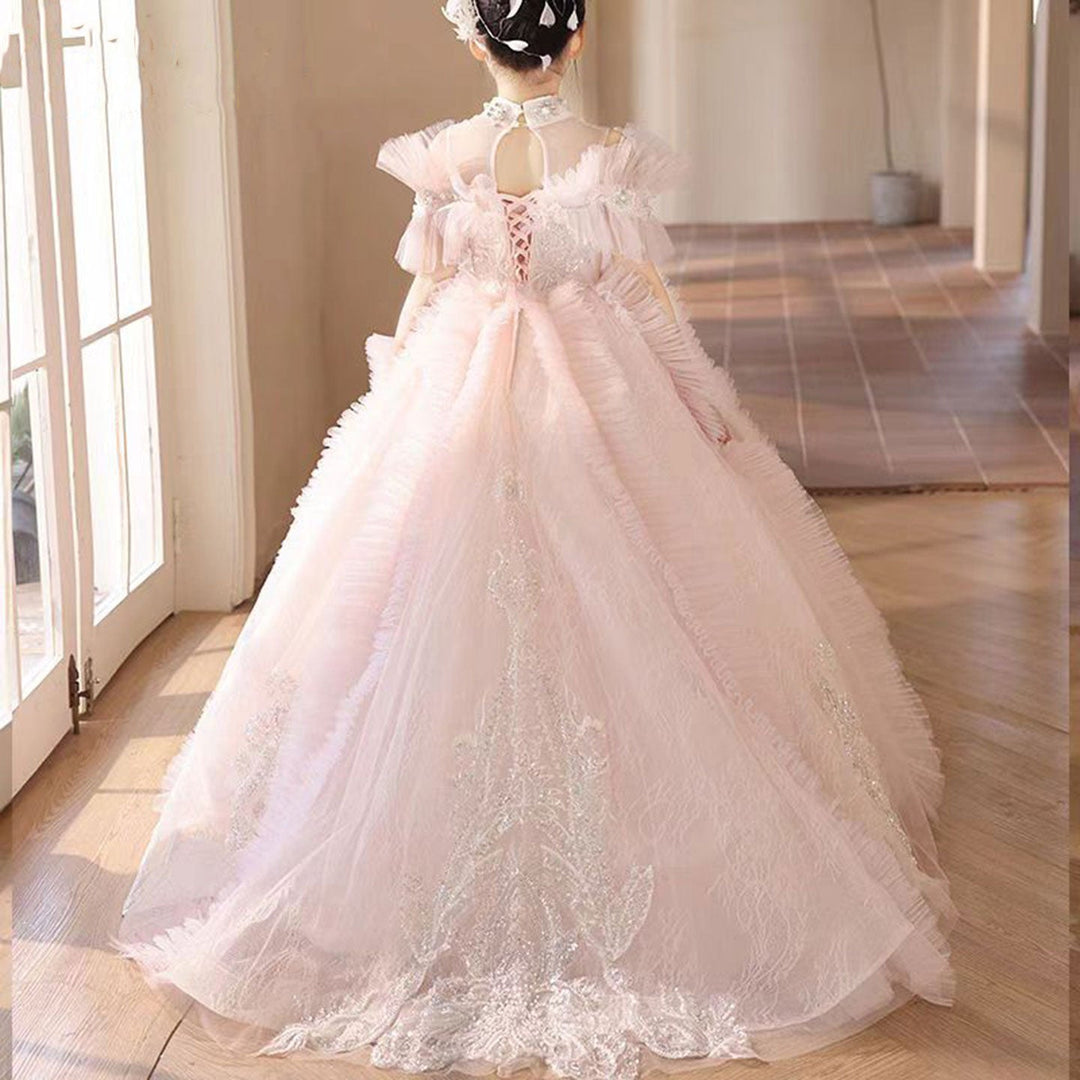 DreamyVow Luxury Pink Crystal Off Shoulder Court Train Girl Dress J334