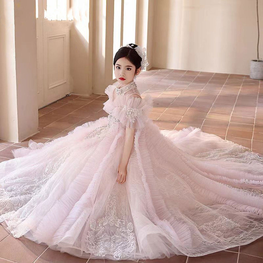 DreamyVow Luxury Pink Crystal Off Shoulder Court Train Girl Dress J334