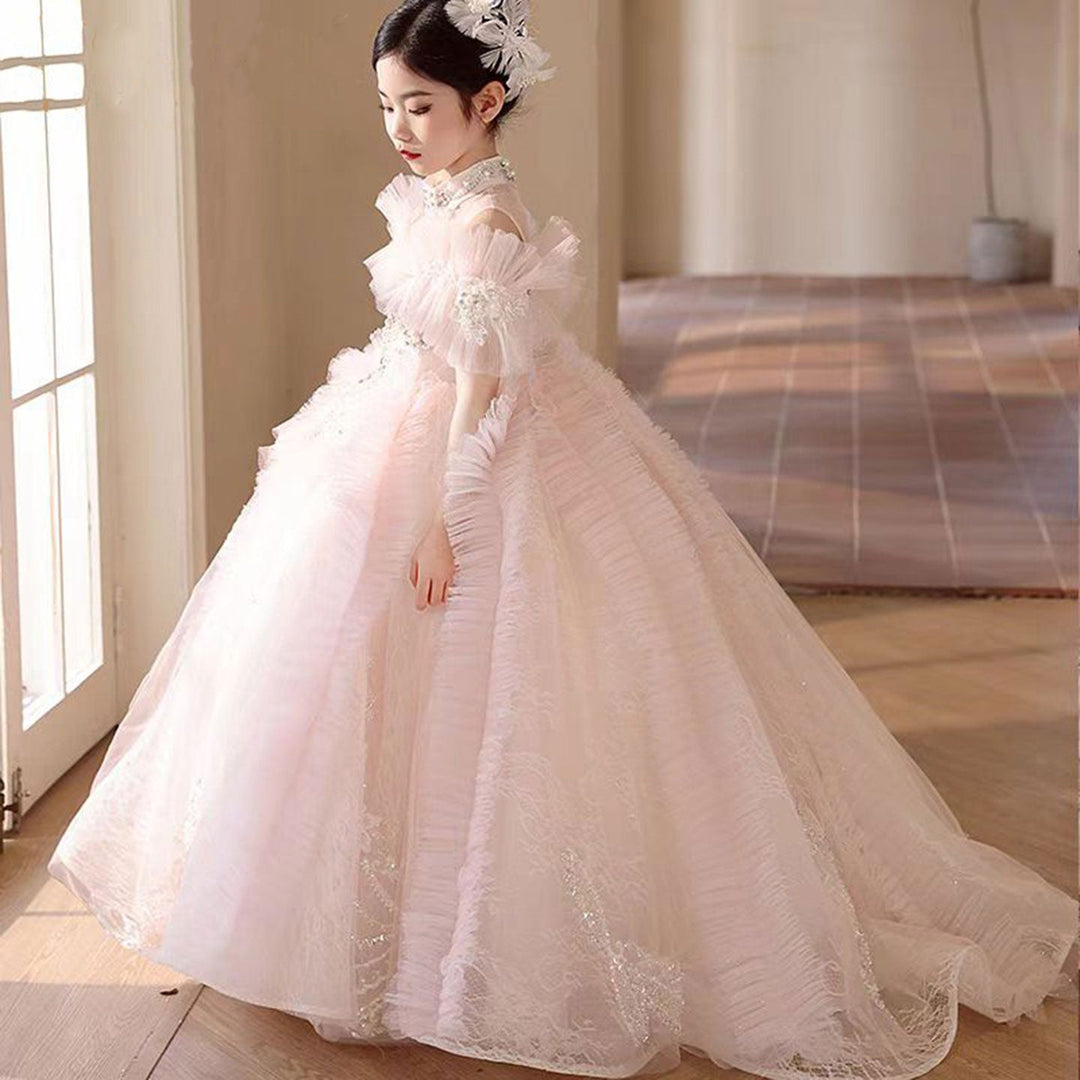 DreamyVow Luxury Pink Crystal Off Shoulder Court Train Girl Dress J334