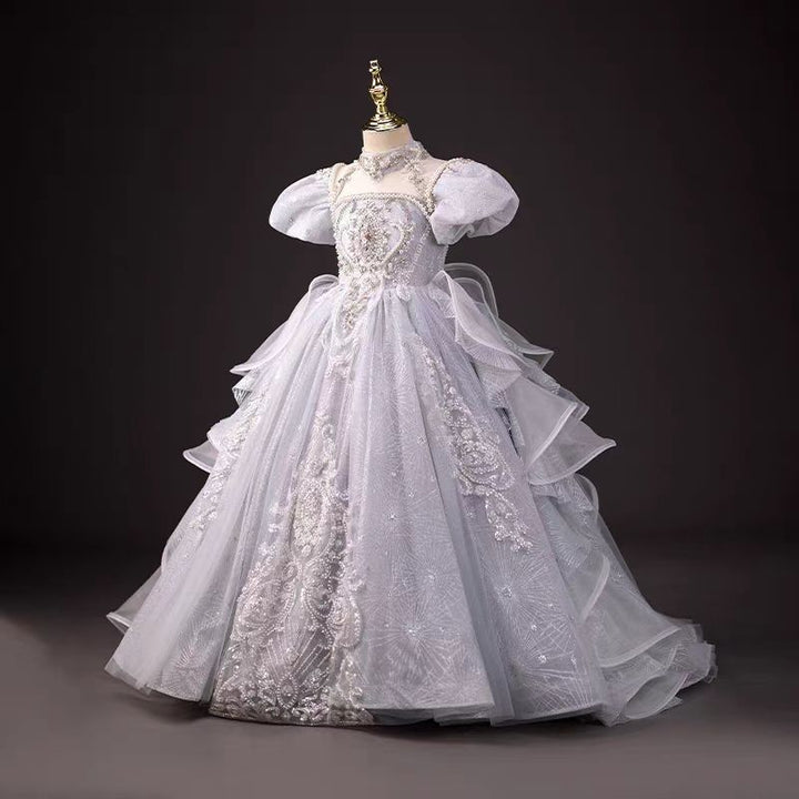 DreamyVow Luxury Silver Girl Dress Beaded Court Train Princess Gown J300