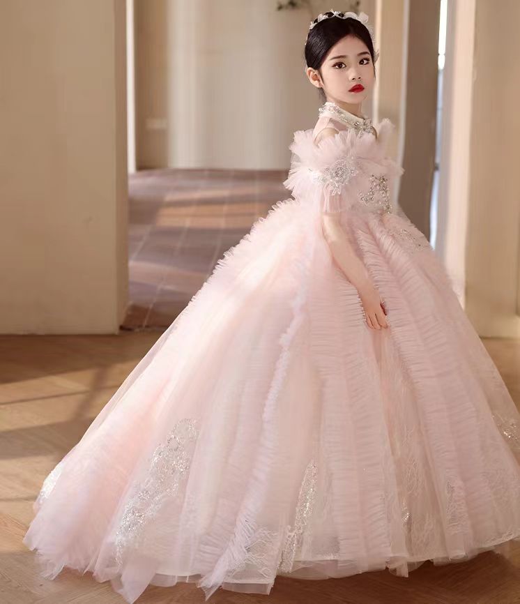 DreamyVow Luxury Pink Crystal Off Shoulder Court Train Girl Dress J334