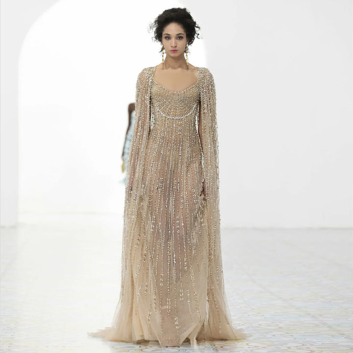 Luxury Champagne Mermaid Evening Dress with Cape SS590