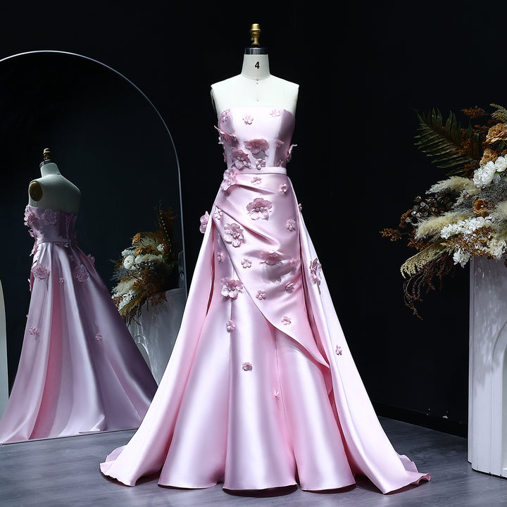 Pink 3D Flowers Mermaid Evening Dress with Detachable Overskirt SF274