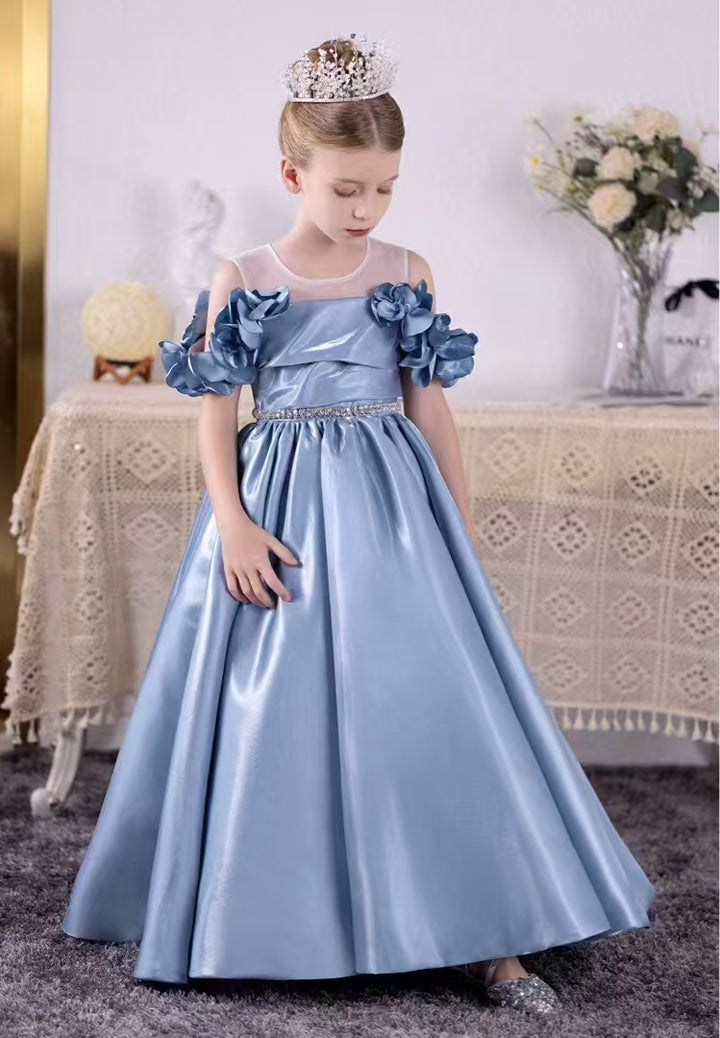 DreamyVow Elegant Blue Girl Dress for Kids Princess Birthday Wedding Party J118