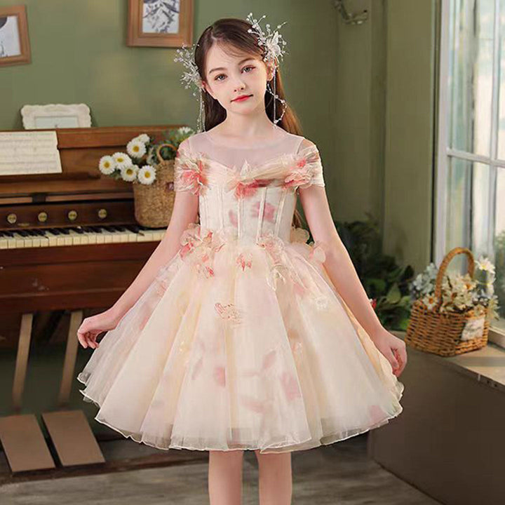 DreamyVow Champagne Floral 1st Birthday Party Girl Dress J345