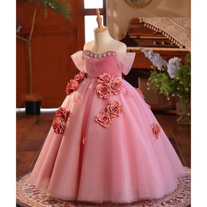 DreamyVow Pink Handmade Flowers Girl Birthday Party Dress J040