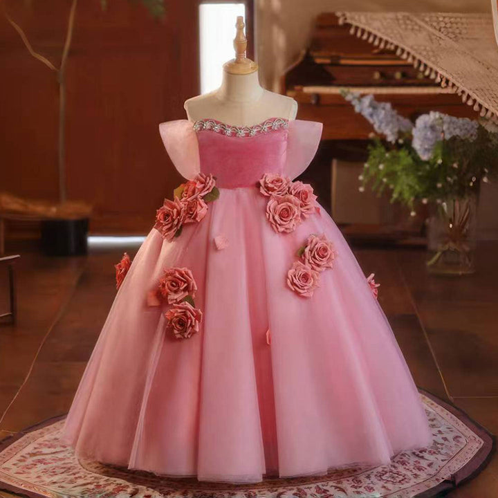 DreamyVow Pink Handmade Flowers Girl Birthday Party Dress J040