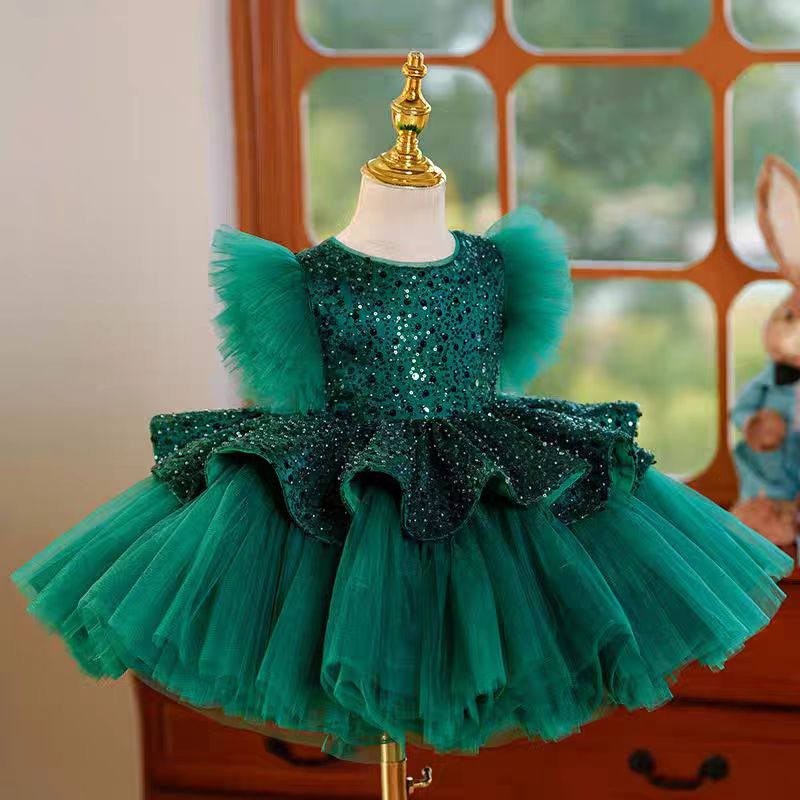 DreamyVow Green Sequins Toddler Knee Length 1st Birthday Party Girl Dress J353