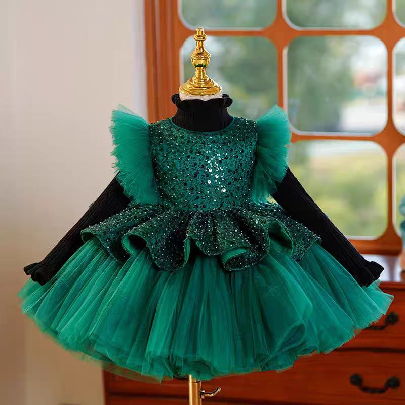 DreamyVow Green Sequins Toddler Knee Length 1st Birthday Party Girl Dress J353