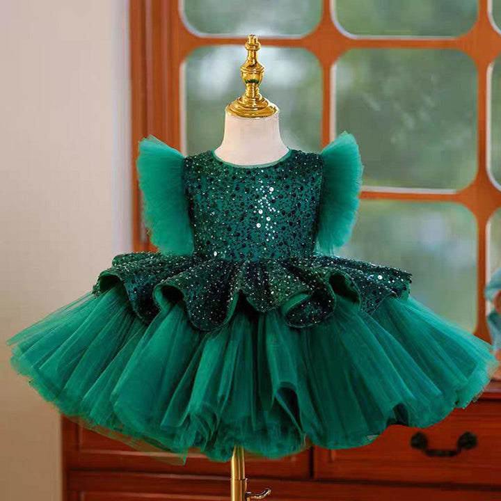 DreamyVow Green Sequins Toddler Knee Length 1st Birthday Party Girl Dress J353