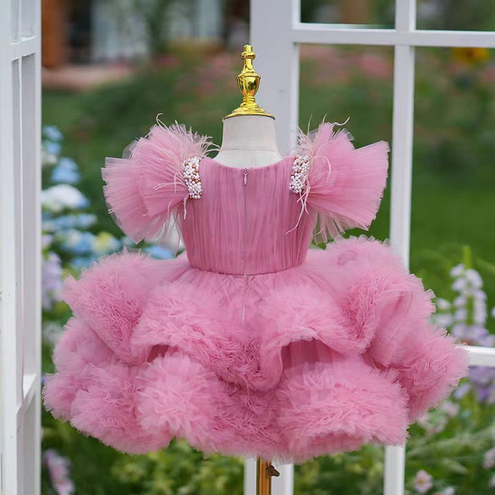 DreamyVow Pink Flowers Knee Length 1st Birthday Party Girl Dress J356