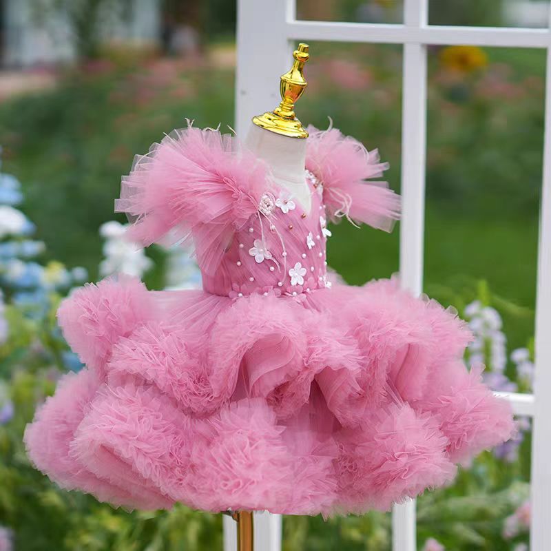 DreamyVow Pink Flowers Knee Length 1st Birthday Party Girl Dress J356